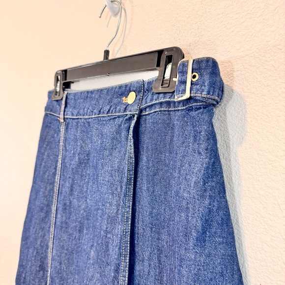 Zara Y2K Denim Midi Skirt Wrap Belted Buckle Blue Linen Blend A-Line Medium - Picture 3 of 10
